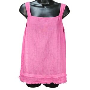 Charlie B 100% Linen Tank Top M Pink Frayed Hem Square Neck Summer Coastal Boho